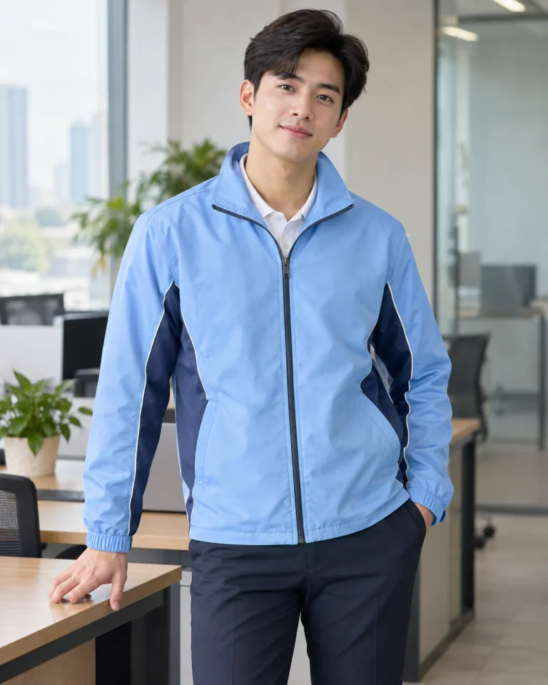 Người mẫu Việt Nam mặc bộ đồng phục doanh nghiệp màu xanh dương nhạt, màu phối theo bộ phận, form áo khoác gió nhẹ, chất cotton poly