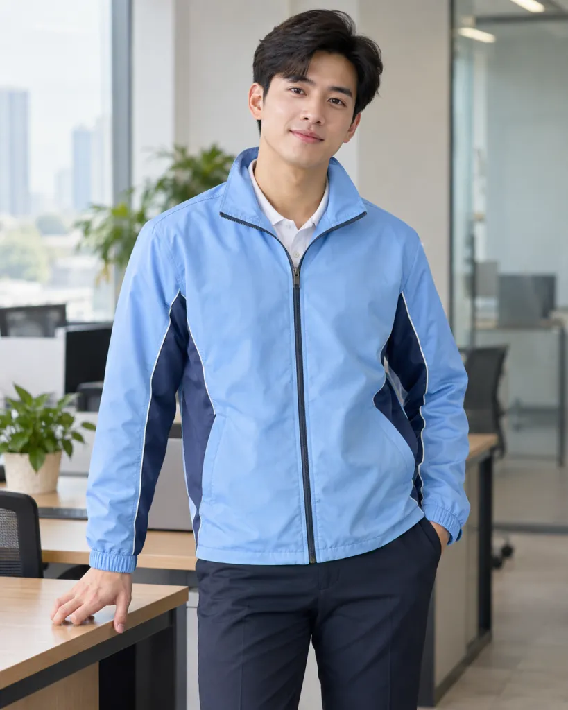 Hình ảnh Bộ đồng phục doanh nghiệp màu xanh dương nhạt, màu phối theo bộ phận, form áo khoác gió nhẹ, chất cotton poly