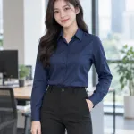 Đồng phục văn phòng màu xanh navy, form nam nữ riêng, form sơ mi tay dài, chất kate silk