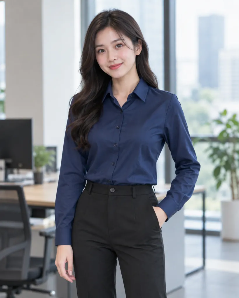 Hình ảnh Đồng phục văn phòng màu xanh navy, form nam nữ riêng, form sơ mi tay dài, chất kate silk