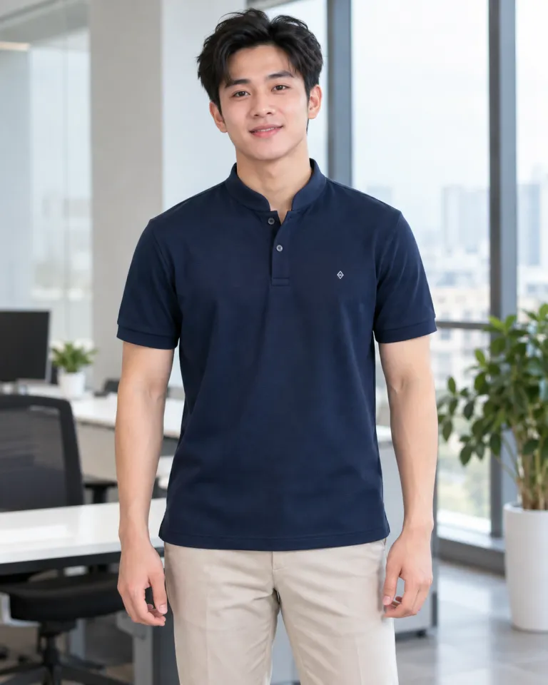 Người mẫu Việt Nam mặc đồng phục văn phòng màu xanh navy, cổ áo đứng dáng, form polo lịch sự, chất pique mềm