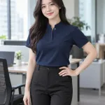 Đồng phục văn phòng màu xanh navy, tay áo gọn, form áo kiểu cổ trụ, chất pique mềm