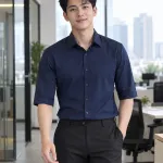 Đồng phục văn phòng màu xanh navy, form nam nữ riêng, form sơ mi tay lỡ, chất poplin ít nhăn