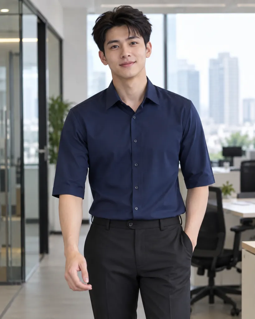 Đồng phục văn phòng màu xanh navy, form nam nữ riêng, form sơ mi tay lỡ, chất poplin ít nhăn