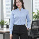 Đồng phục văn phòng màu xanh dương nhạt, cổ áo đứng dáng, form sơ mi tay dài, chất poplin ít nhăn