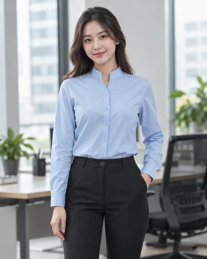 Đồng phục văn phòng màu xanh dương nhạt, cổ áo đứng dáng, form sơ mi tay dài, chất poplin ít nhăn