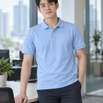 Đồng phục văn phòng màu xanh dương nhạt, tay áo gọn, form polo lịch sự, chất cotton pha spandex