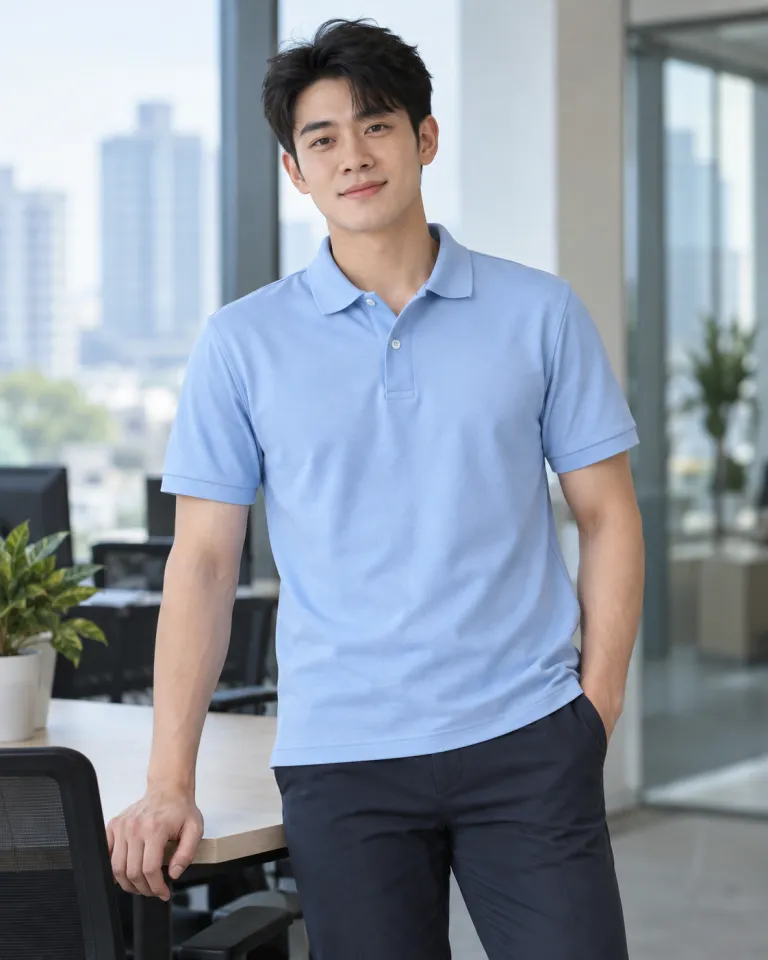 Người mẫu Việt Nam mặc đồng phục văn phòng màu xanh dương nhạt, tay áo gọn, form polo lịch sự, chất cotton pha spandex
