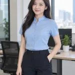 Đồng phục văn phòng màu xanh dương nhạt, form nam nữ riêng, form áo kiểu cổ trụ, chất cotton pha spandex