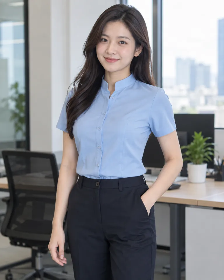 Người mẫu Việt Nam mặc đồng phục văn phòng màu xanh dương nhạt, form nam nữ riêng, form áo kiểu cổ trụ, chất cotton pha spandex