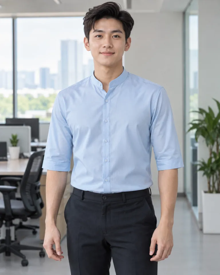 Người mẫu Việt Nam mặc đồng phục văn phòng màu xanh dương nhạt, cổ áo đứng dáng, form sơ mi tay lỡ, chất kate silk