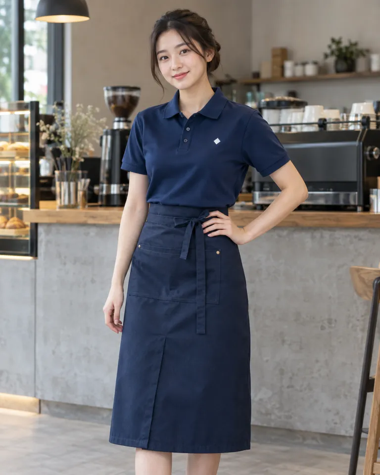 Người mẫu Việt Nam mặc đồng phục quán cafe màu xanh navy, phối tạp dề dài, form polo cho barista, chất cotton compact