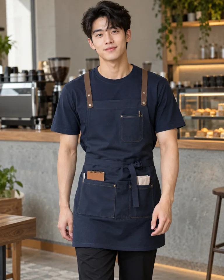 Người mẫu Việt Nam mặc đồng phục quán cafe màu xanh navy, túi dụng cụ nhỏ, form áo thun phục vụ, chất canvas mềm