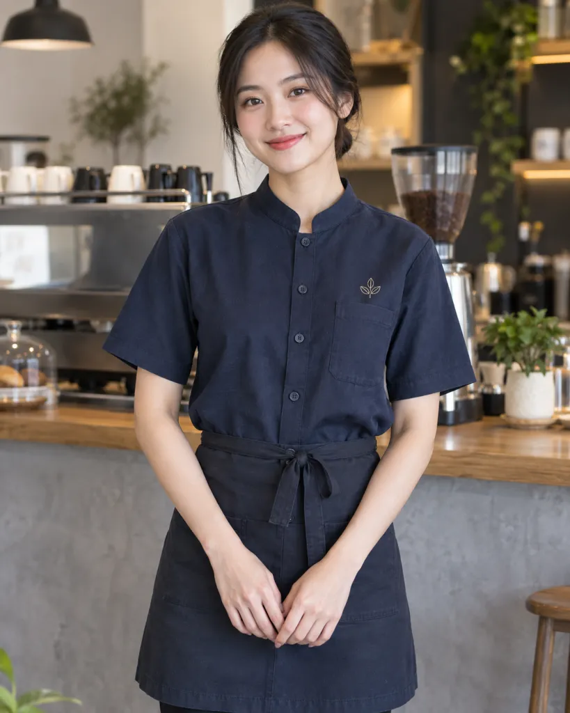 Đồng phục quán cafe màu xanh navy, logo thêu tối giản, form sơ mi cổ tàu, chất canvas mềm