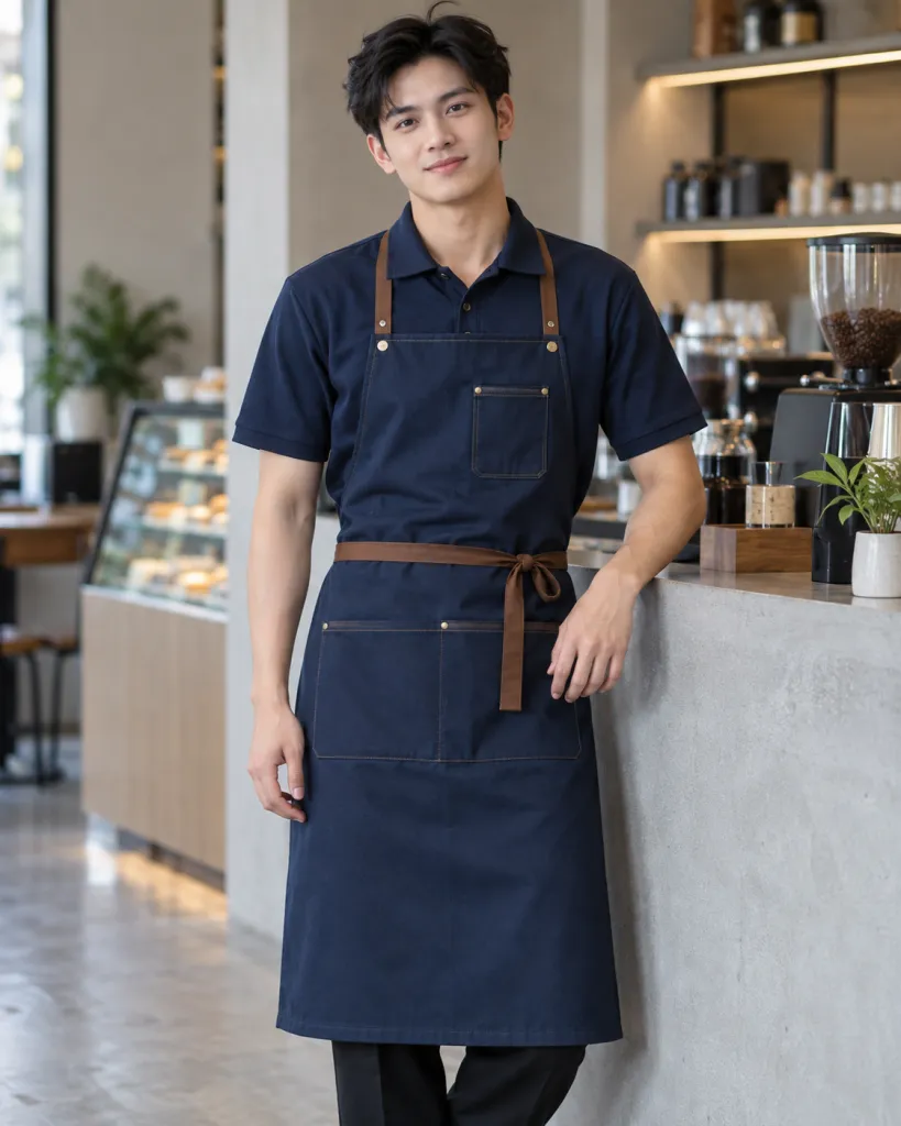 Hình ảnh Đồng phục quán cafe màu xanh navy, phối tạp dề dài, form combo áo và tạp dề, chất kaki cotton