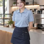 Đồng phục quán cafe màu xanh dương nhạt, túi dụng cụ nhỏ, form polo cho barista, chất kaki cotton
