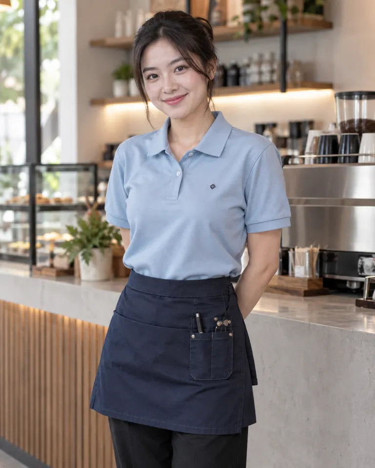 Người mẫu Việt Nam mặc đồng phục quán cafe màu xanh dương nhạt, túi dụng cụ nhỏ, form polo cho barista, chất kaki cotton