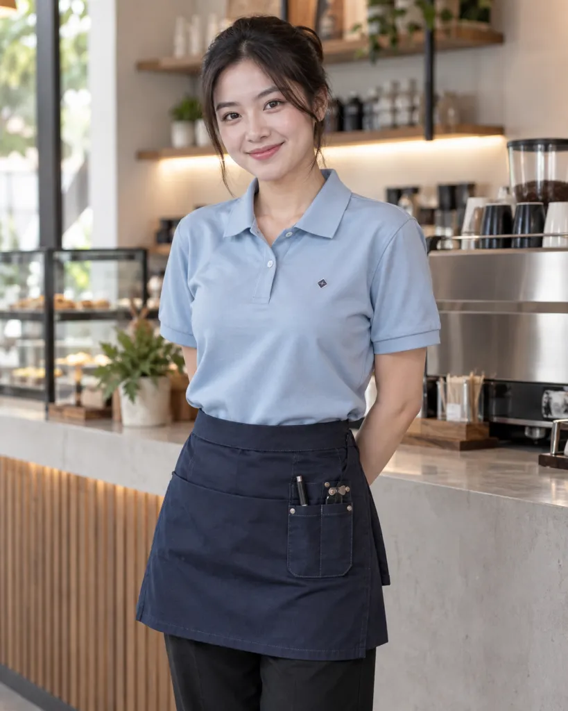 Đồng phục quán cafe màu xanh dương nhạt, túi dụng cụ nhỏ, form polo cho barista, chất kaki cotton