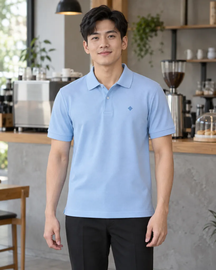 Đồng phục quán cafe màu xanh dương nhạt, logo thêu tối giản, form áo thun phục vụ, chất cá sấu poly