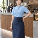 Đồng phục quán cafe màu xanh dương nhạt, phối tạp dề dài, form sơ mi cổ tàu, chất cá sấu poly