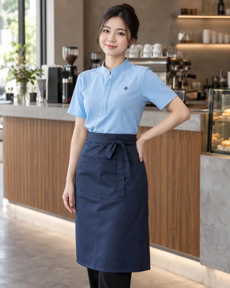 Người mẫu Việt Nam mặc đồng phục quán cafe màu xanh dương nhạt, phối tạp dề dài, form sơ mi cổ tàu, chất cá sấu poly
