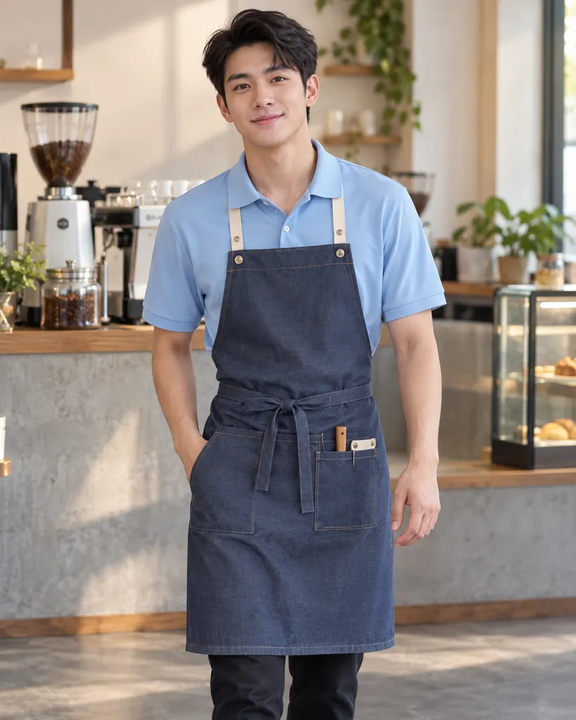 Đồng phục quán cafe màu xanh dương nhạt, túi dụng cụ nhỏ, form combo áo và tạp dề, chất cotton compact