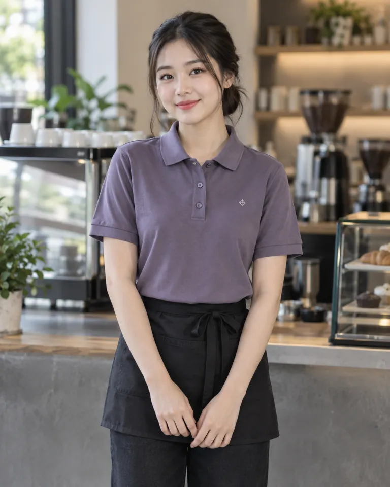 Người mẫu Việt Nam mặc đồng phục quán cafe màu tím khói, logo thêu tối giản, form polo cho barista, chất cotton compact