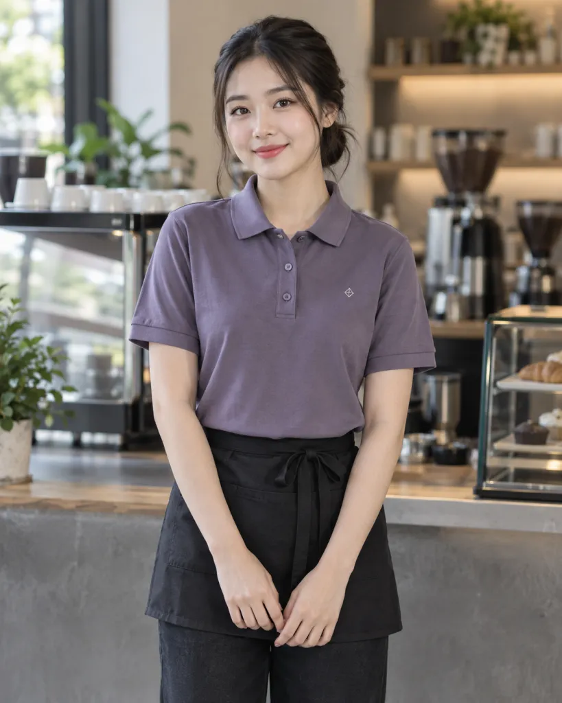 Đồng phục quán cafe màu tím khói, logo thêu tối giản, form polo cho barista, chất cotton compact