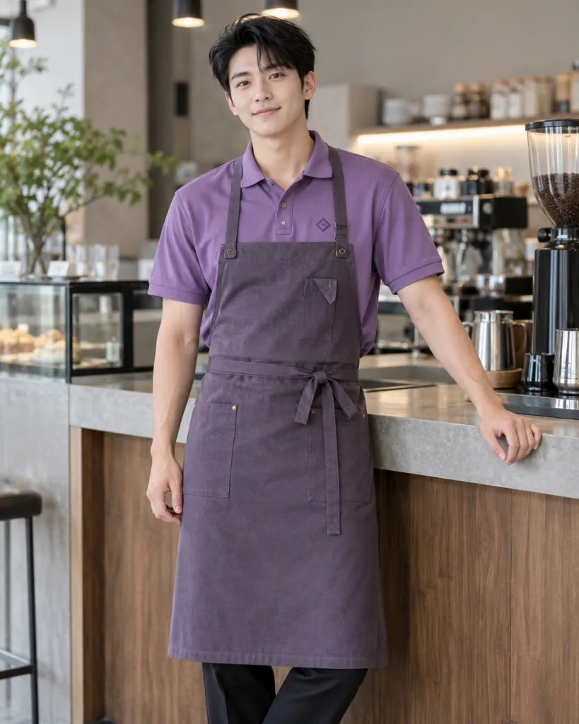 Hình ảnh Đồng phục quán cafe màu tím khói, phối tạp dề dài, form áo thun phục vụ, chất canvas mềm