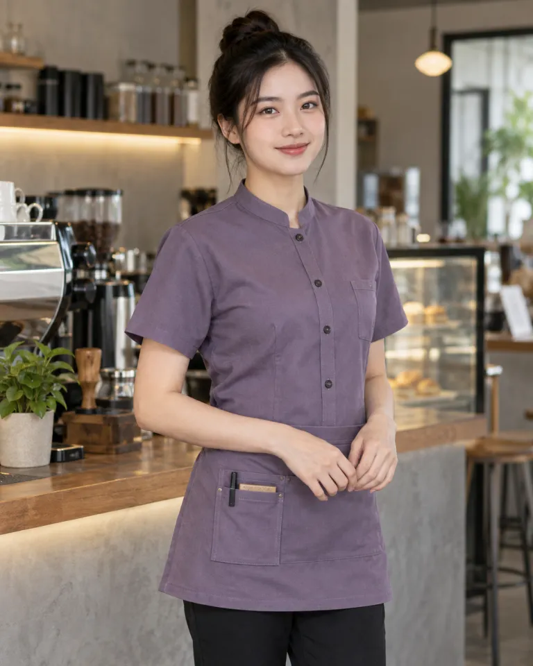 Người mẫu Việt Nam mặc đồng phục quán cafe màu tím khói, túi dụng cụ nhỏ, form sơ mi cổ tàu, chất canvas mềm