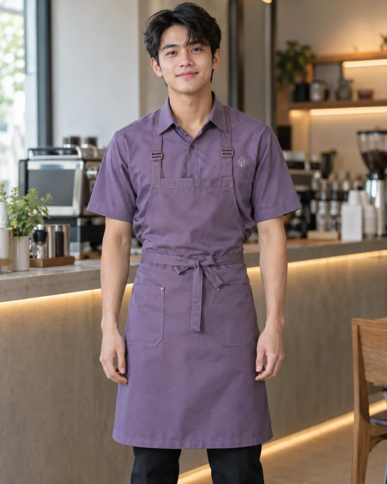Người mẫu Việt Nam mặc đồng phục quán cafe màu tím khói, logo thêu tối giản, form combo áo và tạp dề, chất kaki cotton