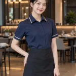Đồng phục nhà hàng màu xanh navy, phối nẹp cổ, form sơ mi phục vụ, chất kate ít nhăn
