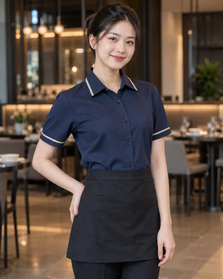 Người mẫu Việt Nam mặc đồng phục nhà hàng màu xanh navy, phối nẹp cổ, form sơ mi phục vụ, chất kate ít nhăn