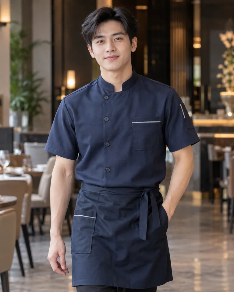 Người mẫu Việt Nam mặc đồng phục nhà hàng màu xanh navy, túi chức năng, form áo cổ tàu, chất vải chéo bền màu