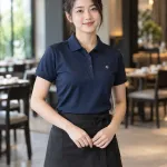 Đồng phục nhà hàng màu xanh navy, form gọn dễ vận động, form polo vận hành, chất vải chéo bền màu