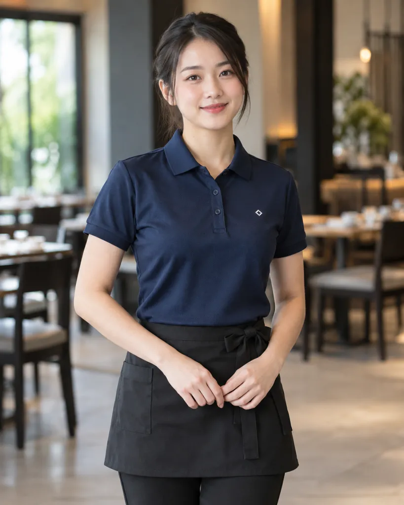 Hình ảnh Đồng phục nhà hàng màu xanh navy, form gọn dễ vận động, form polo vận hành, chất vải chéo bền màu