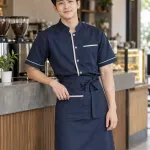 Đồng phục nhà hàng màu xanh navy, phối nẹp cổ, form combo áo và tạp dề, chất kaki mềm