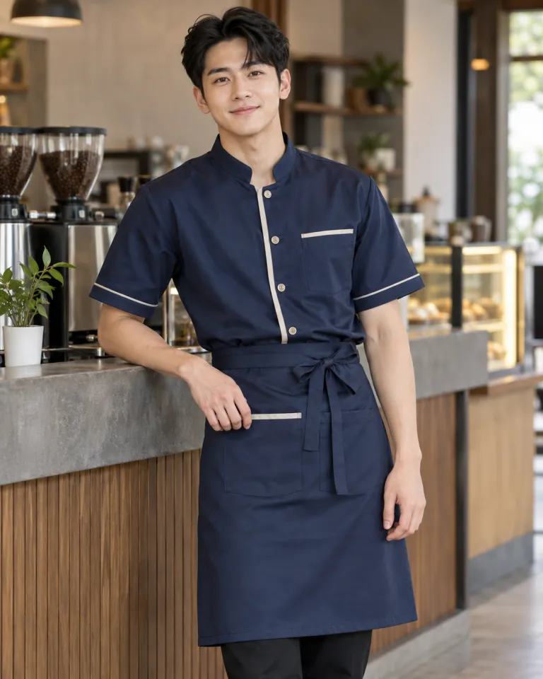 Người mẫu Việt Nam mặc đồng phục nhà hàng màu xanh navy, phối nẹp cổ, form combo áo và tạp dề, chất kaki mềm