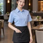 Đồng phục nhà hàng màu xanh dương nhạt, túi chức năng, form sơ mi phục vụ, chất kaki mềm