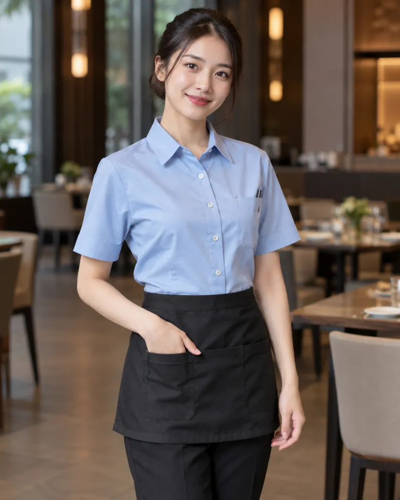 Hình ảnh Đồng phục nhà hàng màu xanh dương nhạt, túi chức năng, form sơ mi phục vụ, chất kaki mềm