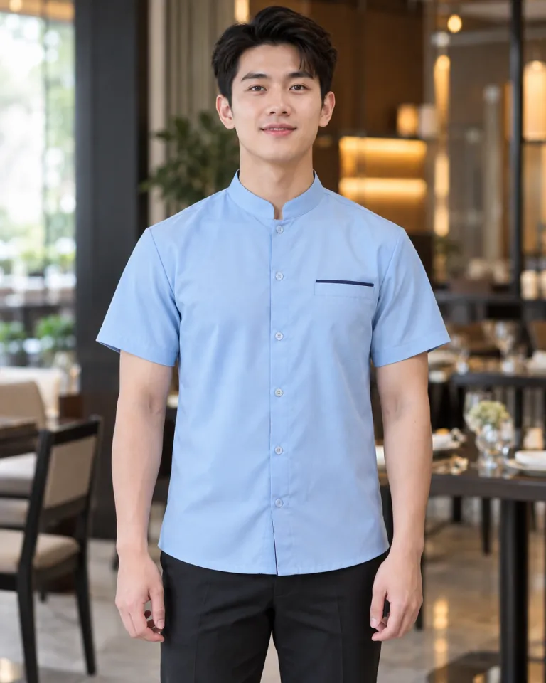 Người mẫu Việt Nam mặc đồng phục nhà hàng màu xanh dương nhạt, form gọn dễ vận động, form áo cổ tàu, chất cotton poly