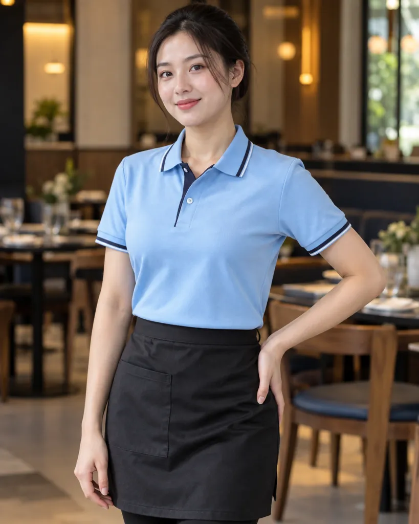 Đồng phục nhà hàng màu xanh dương nhạt, phối nẹp cổ, form polo vận hành, chất cotton poly
