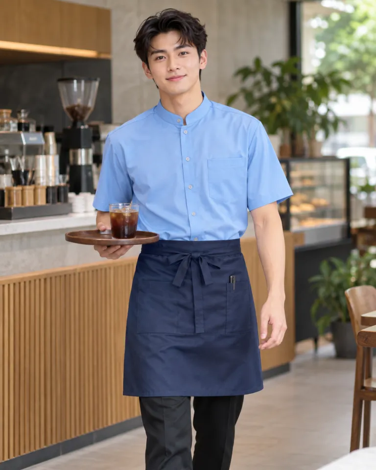 Người mẫu Việt Nam mặc đồng phục nhà hàng màu xanh dương nhạt, túi chức năng, form combo áo và tạp dề, chất kate ít nhăn