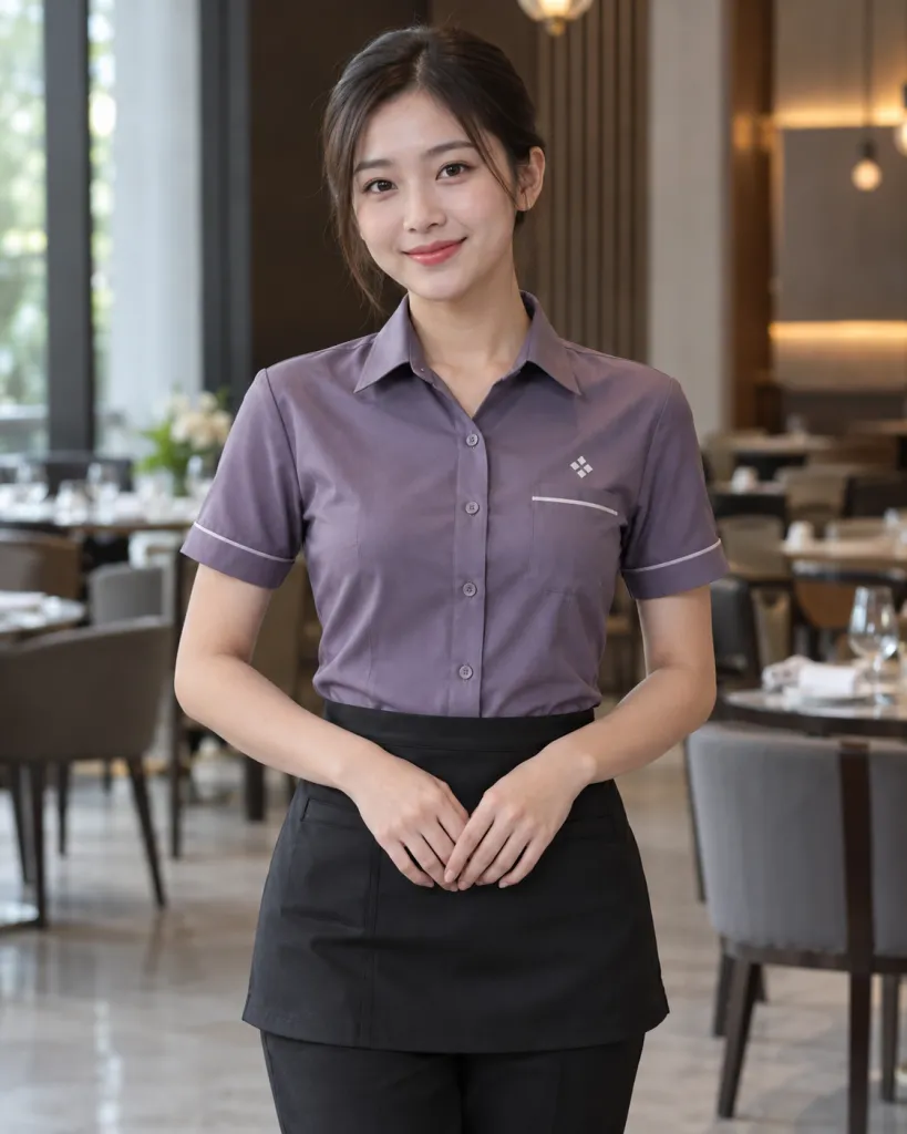 Hình ảnh Đồng phục nhà hàng màu tím khói, form gọn dễ vận động, form sơ mi phục vụ, chất kate ít nhăn