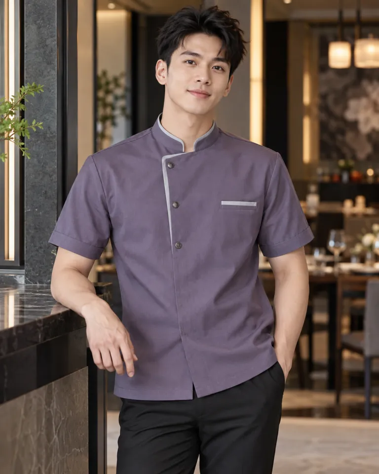 Người mẫu Việt Nam mặc đồng phục nhà hàng màu tím khói, phối nẹp cổ, form áo cổ tàu, chất vải chéo bền màu