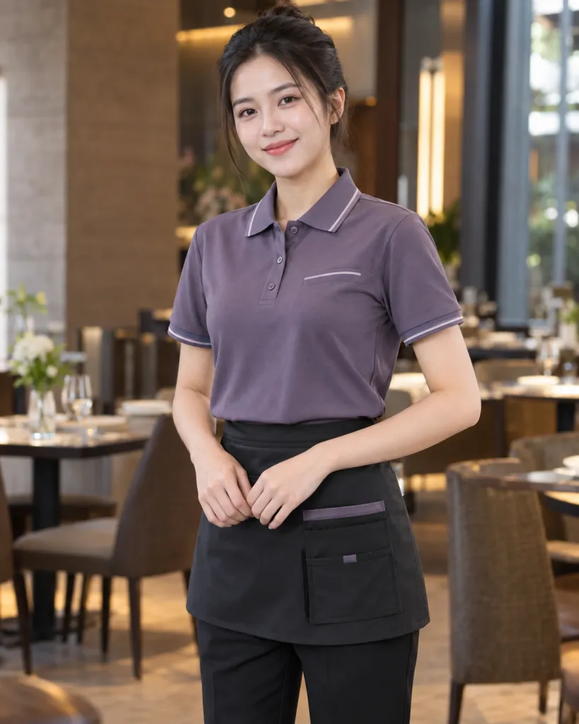 Đồng phục nhà hàng màu tím khói, túi chức năng, form polo vận hành, chất vải chéo bền màu