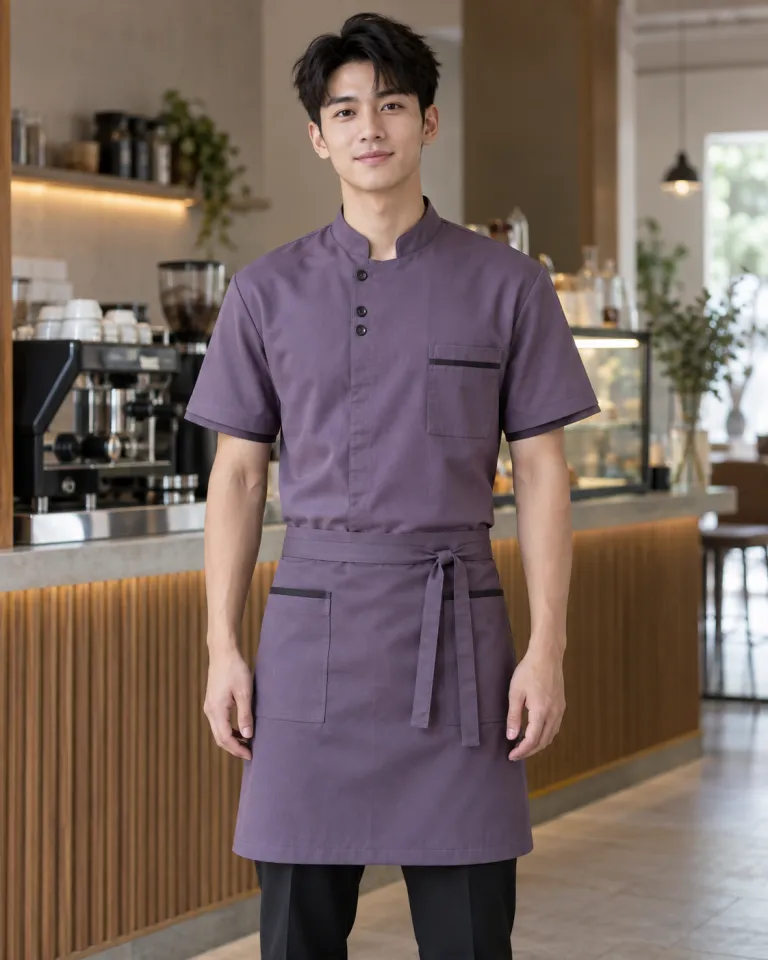 Người mẫu Việt Nam mặc đồng phục nhà hàng màu tím khói, form gọn dễ vận động, form combo áo và tạp dề, chất kaki mềm
