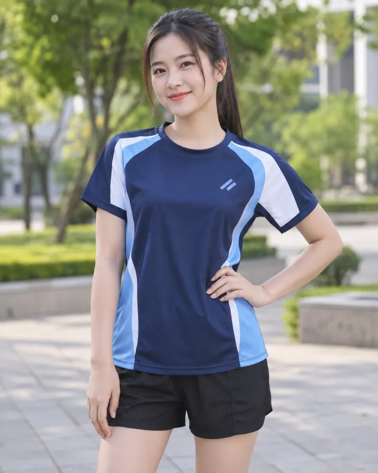 Người mẫu Việt Nam mặc áo teambuilding màu xanh navy, chia màu theo đội, form cổ tròn thể thao, chất thun lạnh