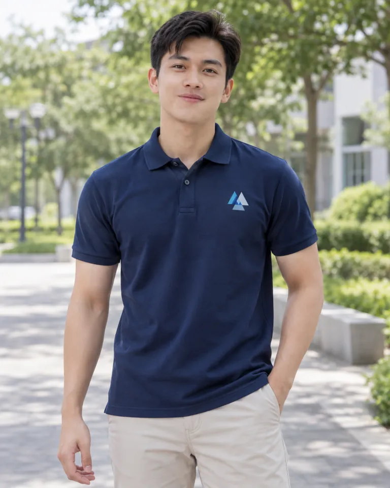 Người mẫu Việt Nam mặc áo teambuilding màu xanh navy, in slogan sau lưng, form polo năng động, chất cotton co giãn