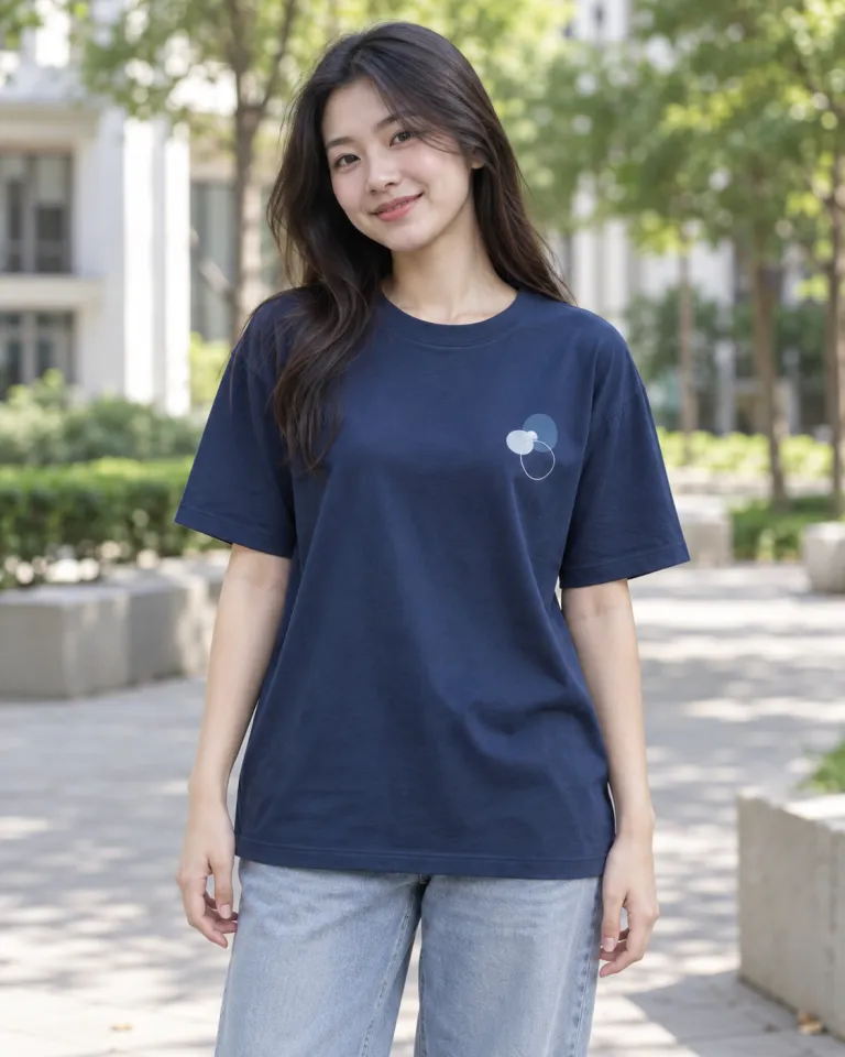 Người mẫu Việt Nam mặc áo nhóm màu xanh navy, in hình trước ngực, form cổ tròn unisex, chất cotton 100%